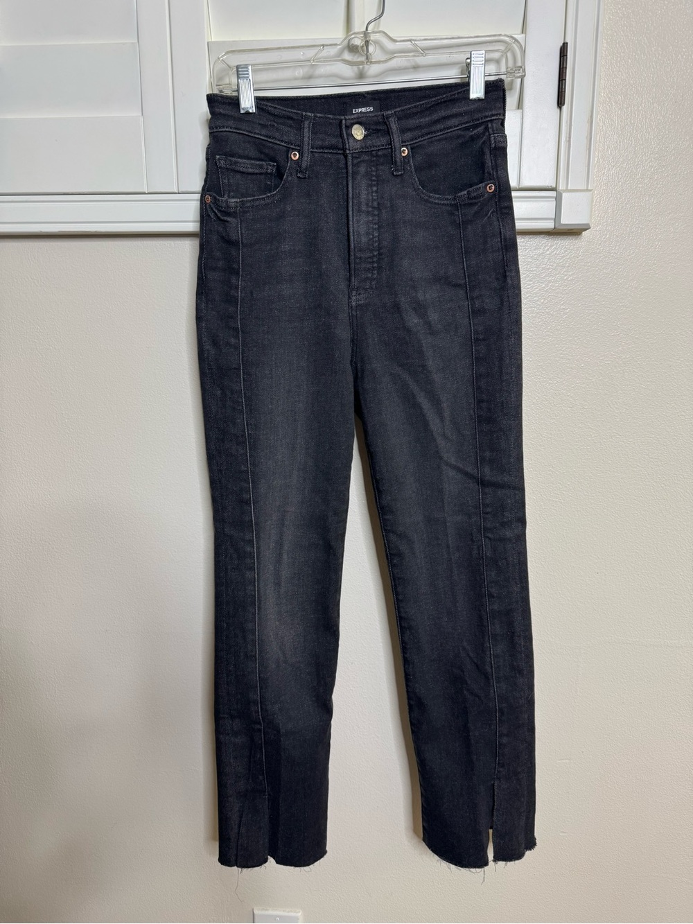 Express High-Waist Black Straight Jeans with front slit